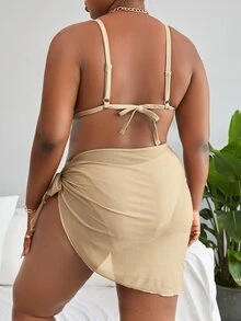 Plus Size Plain Triangle Bikini Set With Beach Skirt Summer Beach - Khaki - View 2