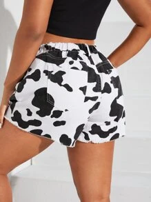 SHEIN EZwear Quần short denim oversized Nút Túi Dây kéo Hem thô Thú vật - Đen và trắng - Xem 3