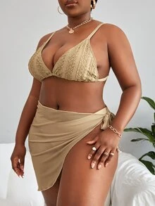 Plus Size Plain Triangle Bikini Set With Beach Skirt Summer Beach - Khaki - View 4