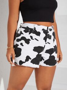 SHEIN EZwear Quần short denim oversized Nút Túi Dây kéo Hem thô Thú vật - Đen và trắng - Xem 5