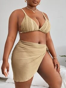 Plus Size Plain Triangle Bikini Set With Beach Skirt Summer Beach - Khaki - View 5
