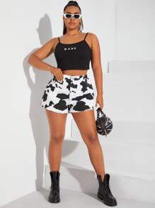 SHEIN EZwear Quần short denim oversized Nút Túi Dây kéo Hem thô Thú vật - Đen và trắng - Xem 1