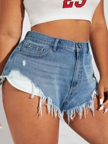 SHEIN EZwear 大碼斜口袋破洞毛邊牛仔短褲 - 淺色水洗藍 - 查看 1