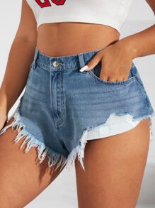 SHEIN EZwear 大碼斜口袋破洞毛邊牛仔短褲 - 淺色水洗藍 - 查看 4