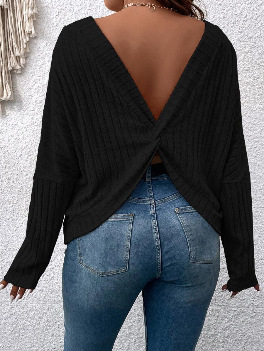 SHEIN LUNE Camiseta de hombros caídos girante trasero - Negro - Ver 1