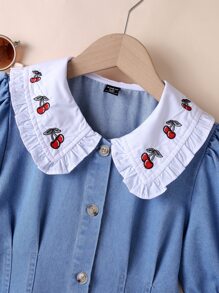 Tween Girl Cherry Embroidery Peter Pan Collar Puff Sleeve Fold Pleated Detail Denim Dress