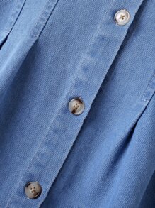 Tween Girl Cherry Embroidery Peter Pan Collar Puff Sleeve Fold Pleated Detail Denim Dress