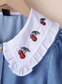 Tween Girl Cherry Embroidery Peter Pan Collar Puff Sleeve Fold Pleated Detail Denim Dress