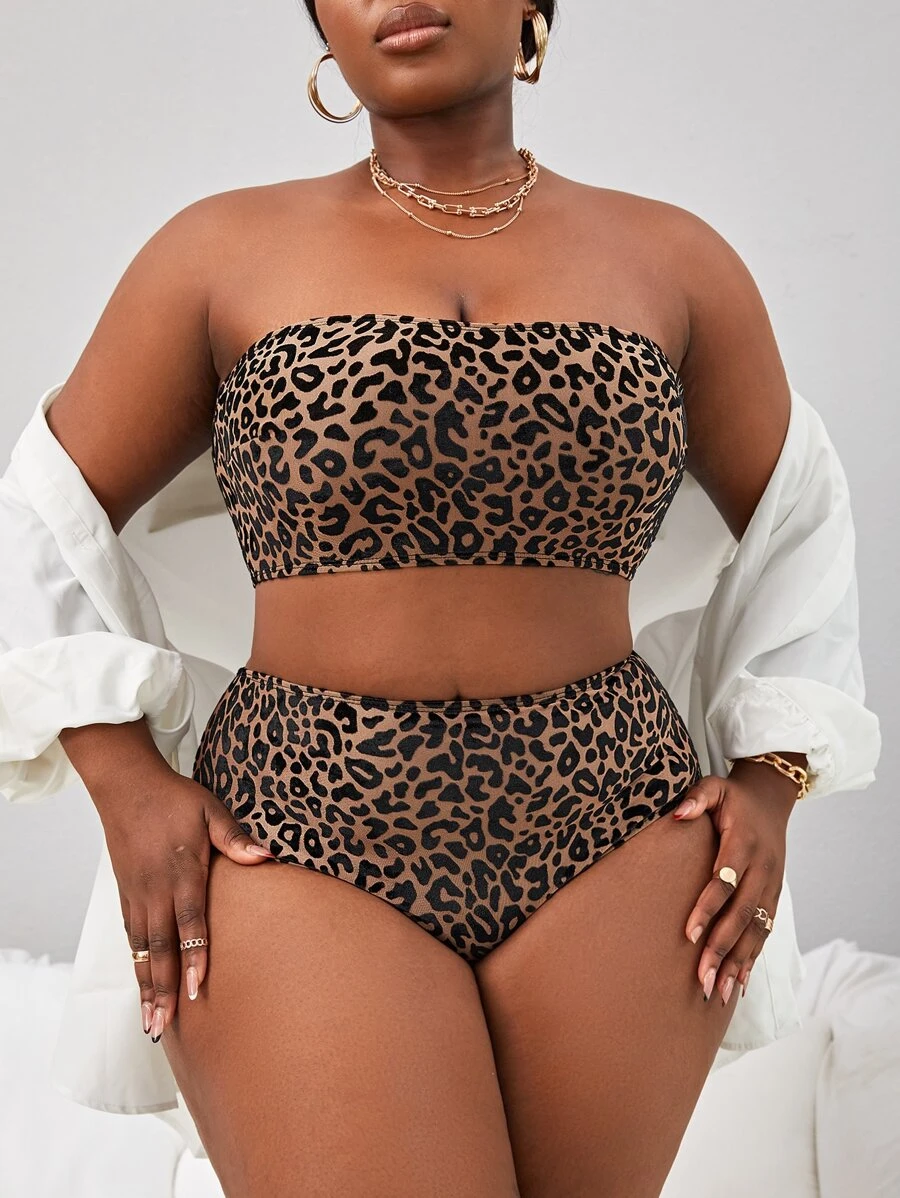 SHEIN Slayr 2pcs Plus Size Women Leopard Print Bikini Summer - Coffee Brown - View 1