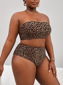 SHEIN Slayr 2pcs Plus Size Women Leopard Print Bikini Summer - Coffee Brown - View 4