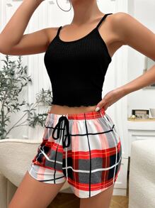 Bộ đồ giản dị Nữ Thắt nút Gân đan Sọc ca rô Giải trí - màu đen - Xem 3