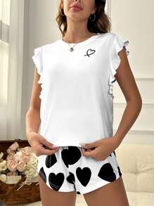 愛心圖案荷葉邊睡衣套裝 - 黑與白 - 查看 3