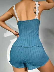 Contrast Lace Lettuce Trim Bow Front PJ Set - Cadet Blue - View 2