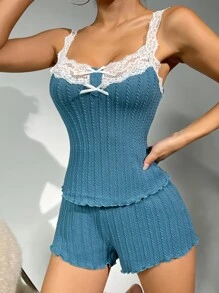 Contrast Lace Lettuce Trim Bow Front PJ Set - Cadet Blue - View 3