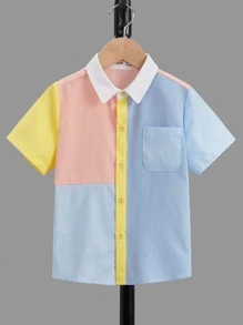 SHEIN 小男童撞色條紋印花口袋貼布襯衫 - 彩色 - 查看 1