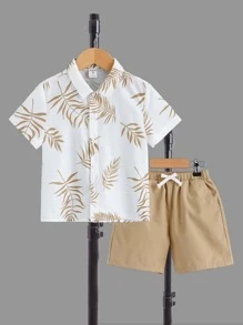 SHEIN Young Boy Tropical Print Shirt & Drawstring Waist Shorts