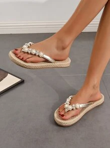 Women Rhinestone Decor Flip-Flops Vacation Flip Flops Silver - Gold - View 1