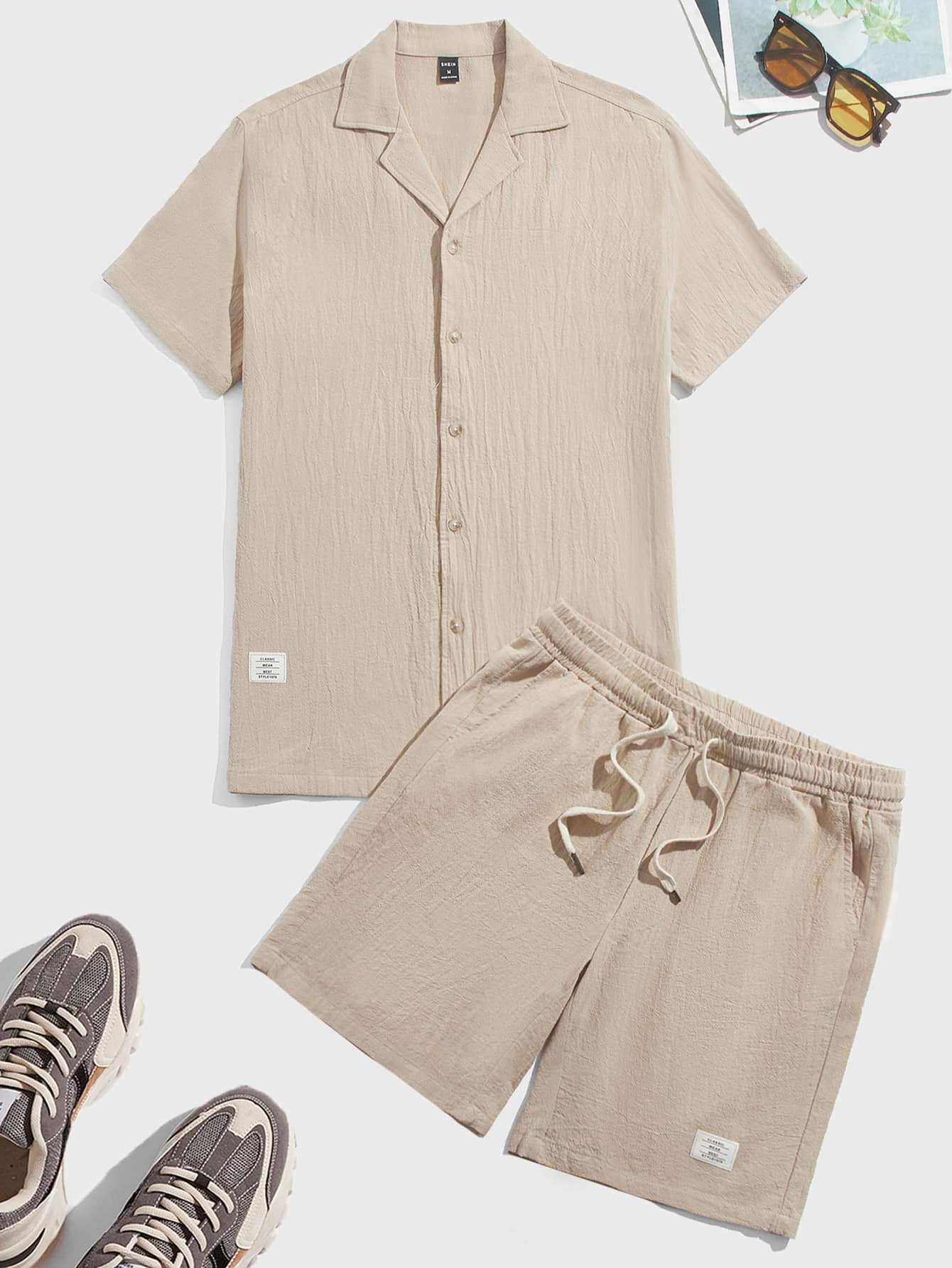 GENTILAND Loose Men's Cotton Letter Patched Detail Shirt & Drawstring Waist Shorts Set - Khaki - View 1