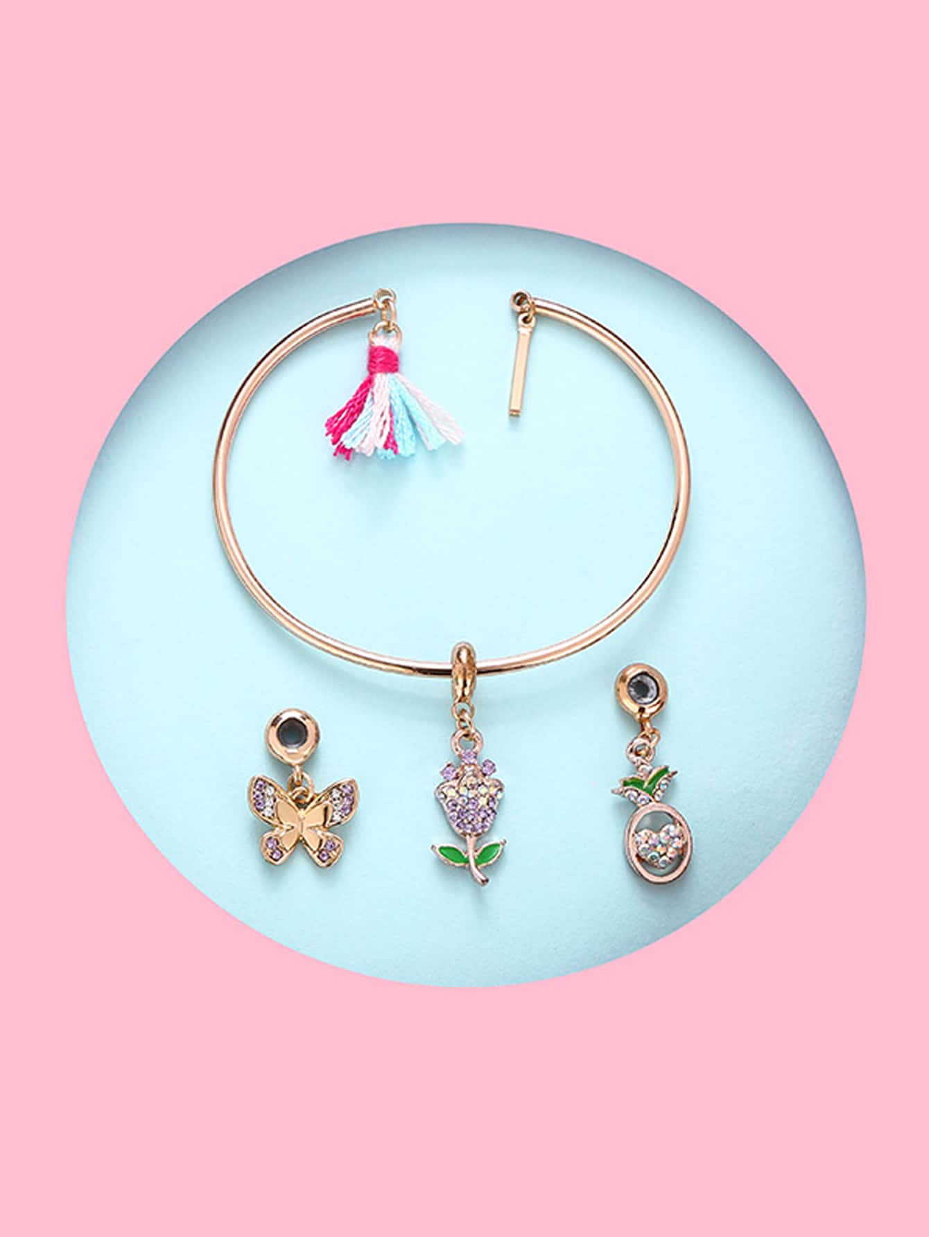 1個女孩子用手鍊配有鑽石裝飾的蝴蝶和花朵吊墜 - 彩色 - 查看 1