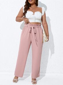 Flirla Plus Paperbag Waist Belted Straight Leg Trousers - Baby Pink - View 1