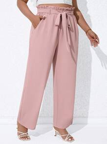 Flirla Plus Paperbag Waist Belted Straight Leg Trousers - Baby Pink - View 5