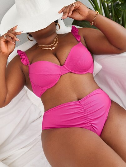 SHEIN Swim Curve Plus Size Ruffle Trim Ruched Push Up High Waist Bikini Set Summer Beach