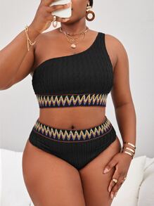 SHEIN Swim Curve Summer Beach Plus Size Chevron Tape One Shoulder High Waist Bikini Set - Black - View 1