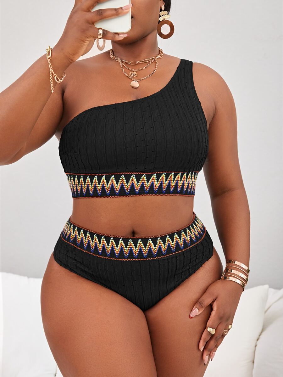 SHEIN Swim Curve Summer Beach Plus Size Chevron Tape One Shoulder High Waist Bikini Set - Black - View 1