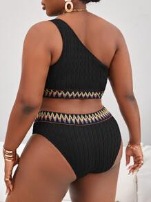 SHEIN Swim Curve Summer Beach Plus Size Chevron Tape One Shoulder High Waist Bikini Set - Black - View 2