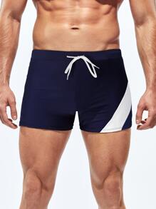 Manfinity KASUA Bañadores casuales de verano de ajuste slim con cordón y color contrastante para hombres - Azul Marino - Ver 1