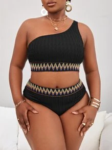SHEIN Swim Curve Summer Beach Plus Size Chevron Tape One Shoulder High Waist Bikini Set - Black - View 3