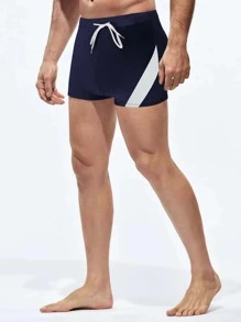 Manfinity KASUA Bañadores casuales de verano de ajuste slim con cordón y color contrastante para hombres - Azul Marino - Ver 3