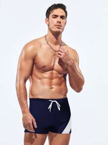 Manfinity KASUA Bañadores casuales de verano de ajuste slim con cordón y color contrastante para hombres - Azul Marino - Ver 5
