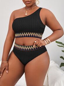 SHEIN Swim Curve Summer Beach Plus Size Chevron Tape One Shoulder High Waist Bikini Set - Black - View 5