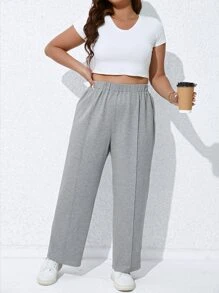 SHEIN LUNE Plus Solid Elastic Waist Joggers - Light Grey - View 1