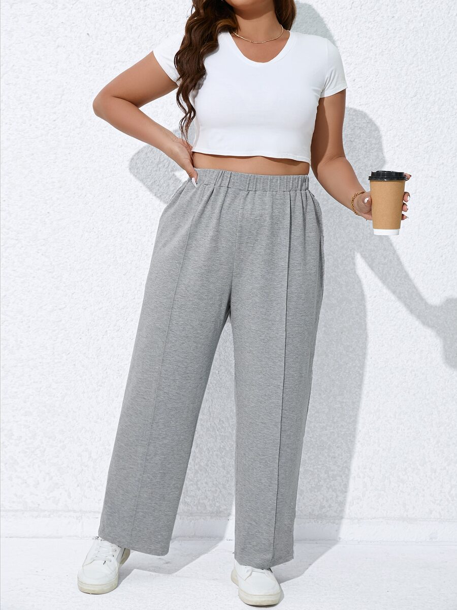 SHEIN LUNE Plus Solid Elastic Waist Joggers - Light Grey - View 1
