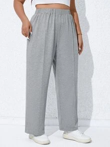 SHEIN LUNE Plus Solid Elastic Waist Joggers - Light Grey - View 3