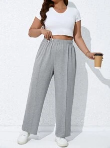 SHEIN LUNE Plus Solid Elastic Waist Joggers - Light Grey - View 4