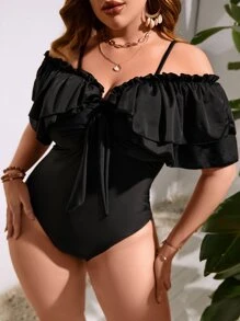Swim Lushoire Summer Beach Plus Cold Shoulder Ruffle Trim Knot Front One Piece Swimsuit - Black - View 1