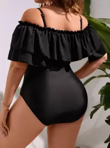 Swim Lushoire Summer Beach Plus Cold Shoulder Ruffle Trim Knot Front One Piece Swimsuit - Black - View 2