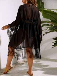 Plus Fringe Hem Tie Front Kimono Without Bikini - Black - View 2