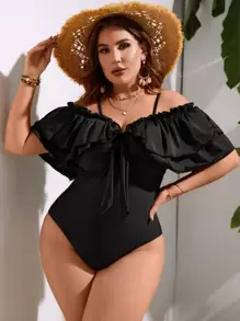 Swim Lushoire Summer Beach Plus Cold Shoulder Ruffle Trim Knot Front One Piece Swimsuit - Black - View 4