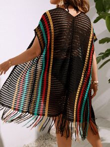 Plus Striped Pattern Fringe Hem Kimono - Multicolor - View 2
