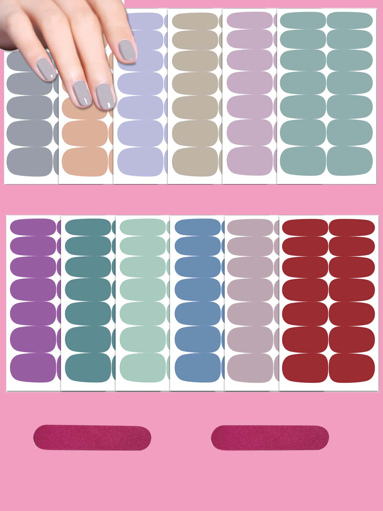 12 hojas de calcomanías de uñas lisas y 2 limas de uñas, calcomanías de uñas para hacer usted mismo