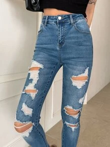 DAZY Vaqueros Ajustados Rasgados Con Bordes Crudos - Azul lavado medio - Ver 2