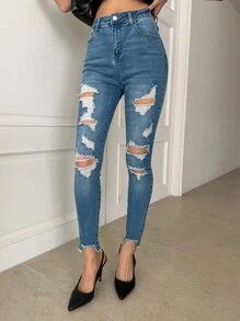 DAZY Vaqueros Ajustados Rasgados Con Bordes Crudos - Azul lavado medio - Ver 4