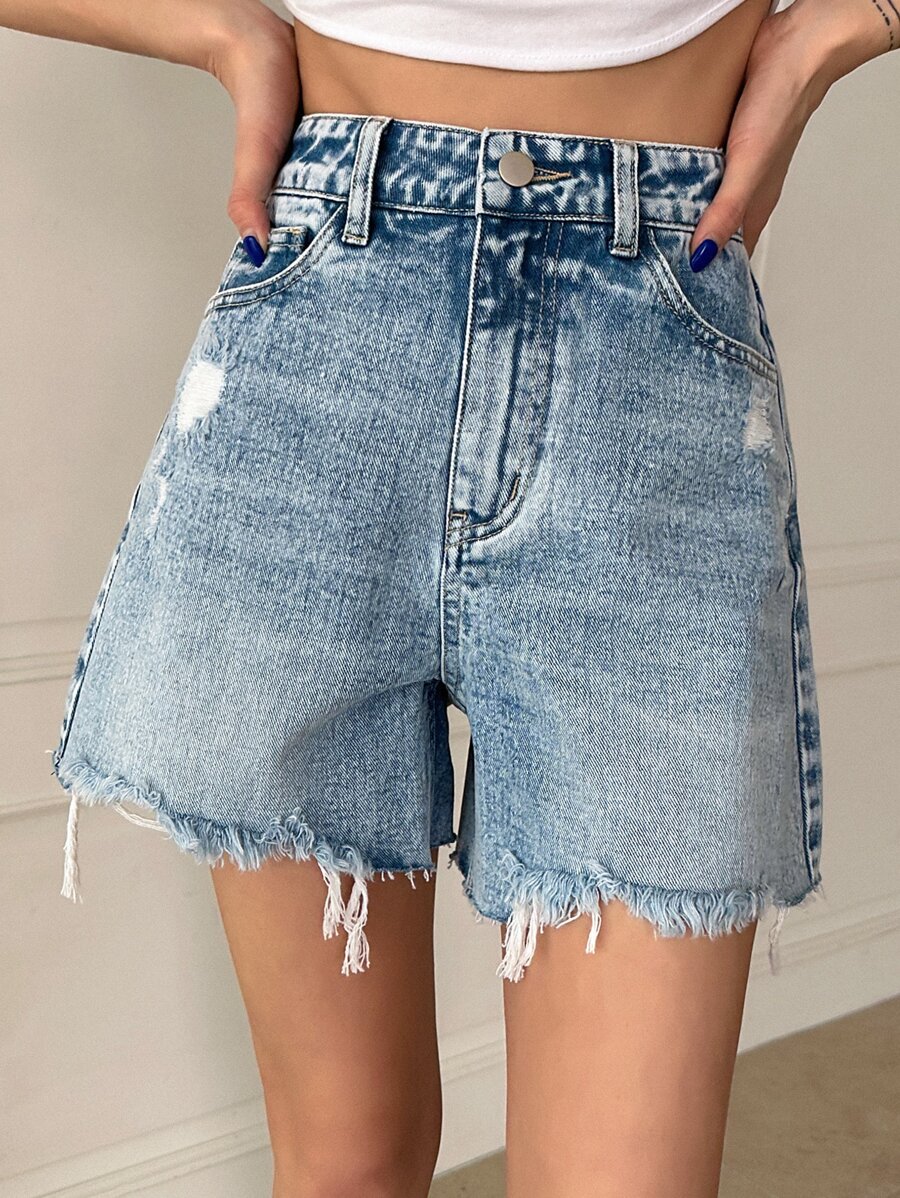 DAZY High Waist Ripped Raw Hem Denim Shorts - Light Wash - View 1