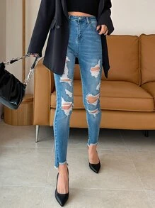 DAZY Vaqueros Ajustados Rasgados Con Bordes Crudos - Azul lavado medio - Ver 8