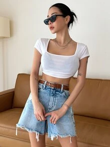 DAZY High Waist Ripped Raw Hem Denim Shorts - Light Wash - View 5