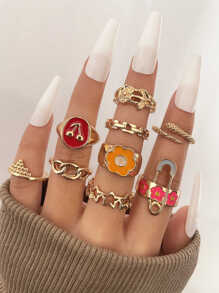 9 piezas/set Anillo flor & con diseño de pin de seguridad - Amarillo Oro - Ver 1